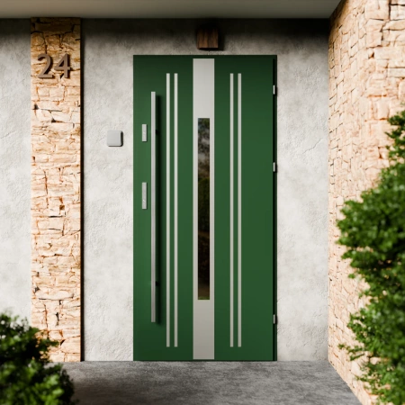 Drzwi zewnętrzne stalowe do domu Elegant Inox 72mm z antabą/pochwytem energooszczędne Ud=1.3 lustro weneckie szyba mleczna Program Czyste Powietrze