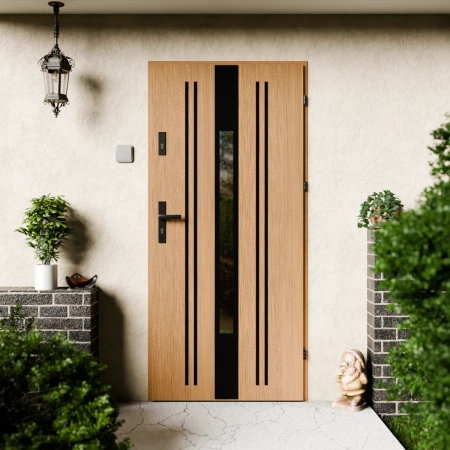 Drzwi zewnętrzne stalowe do domu Elegant Black 72mm z klamką czarną energooszczędne Ud=1.3 lustro weneckie szyba mleczna Program Czyste Powietrze