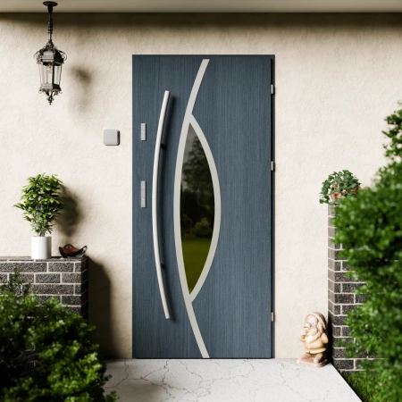 Drzwi zewnętrzne stalowe do domu Maestro Inox 72 mm z antabą/pochwytem energooszczędne Ud=1.3 lustro weneckie szyba mleczna Program Czyste Powietrze