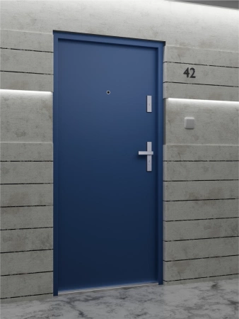 Drzwi wewnątrzklatkowe antywłamaniowe RC3 z Certyfikatem akustyczne wyciszające 47 dB 55 mm stalowe gładkie z klamką inox srebrną niebieskie G00