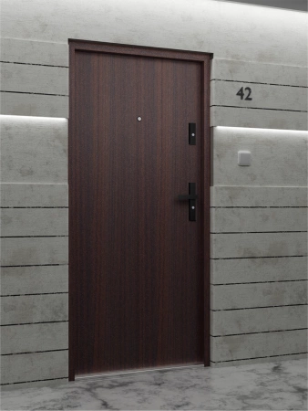 Drzwi wewnątrzklatkowe antywłamaniowe RC3 z Certyfikatem akustyczne wyciszające 47 dB 55 mm stalowe gładkie z klamką czarną mahoń G00