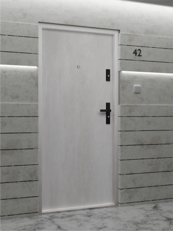 Drzwi wewnątrzklatkowe antywłamaniowe RC3 z Certyfikatem akustyczne wyciszające 47 dB 55 mm stalowe gładkie z klamką czarną beton G00