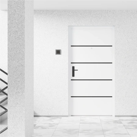 Drzwi klatkowe wejściowe do mieszkania w bloku antywłamaniowe RC3 68mm stalowe z ościeżnicą akustyczne wygłuszające dymoszczelne 44 dB białe M02