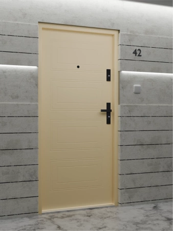 Drzwi wewnątrzklatkowe antywłamaniowe RC3 z Certyfikatem akustyczne wyciszające 47 dB 55 mm stalowe z tłoczeniami z klamką czarną beżowe T34