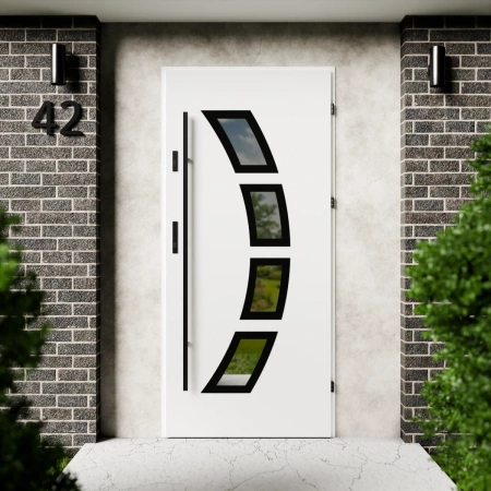 Drzwi zewnętrzne stalowe do domu Cinea Black 72mm z antabą/pochwytem energooszczędne Ud=1.3 lustro weneckie szyba mleczna Program Czyste Powietrze