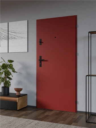 Drzwi wewnątrzklatkowe antywłamaniowe RC3 z Certyfikatem akustyczne wyciszające 47 dB 55 mm stalowe gładkie z klamką czarną czerwone G00
