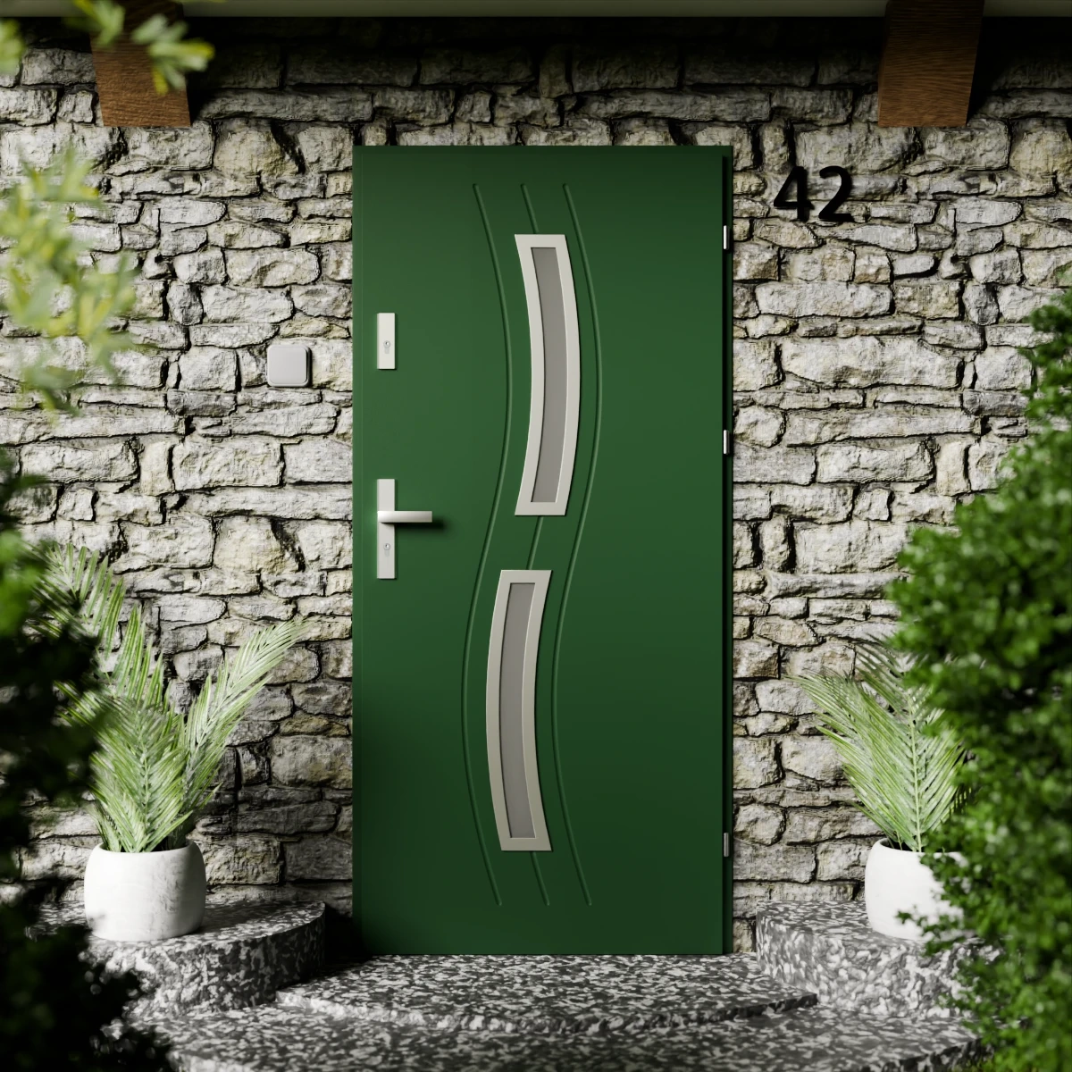 Drzwi zewnętrzne stalowe do domu Twista Inox 72mm z klamką energooszczędne Ud=1.3 lustro weneckie szyba mleczna Program Czyste Powietrze