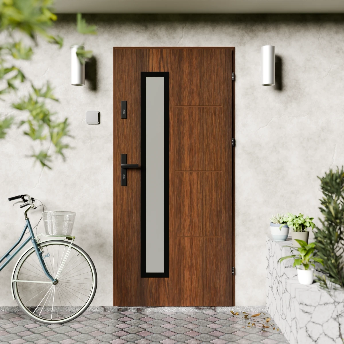 Drzwi zewnętrzne stalowe do domu Tinea Black 72mm z klamką czarną energooszczędne Ud-1=3 lustro weneckie szyba mleczna Program Czyste Powietrze