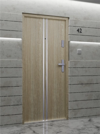 Drzwi wewnątrzklatkowe akustyczne wyciszające 47 dB antywłamaniowe RC3 55 mm stalowe z klamką inox srebrną i aplikacjami dąb sonoma A7