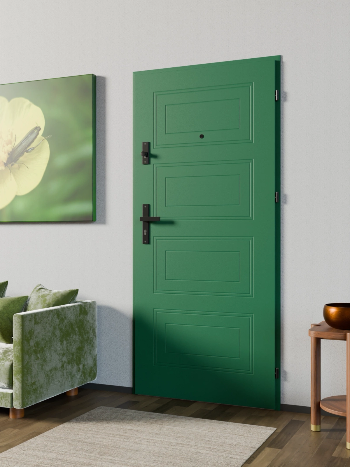 Ekonomiczne drzwi wewnątrzklatkowe wejściowe do mieszkania z klatki schodowej 55 mm stalowe zielone T34