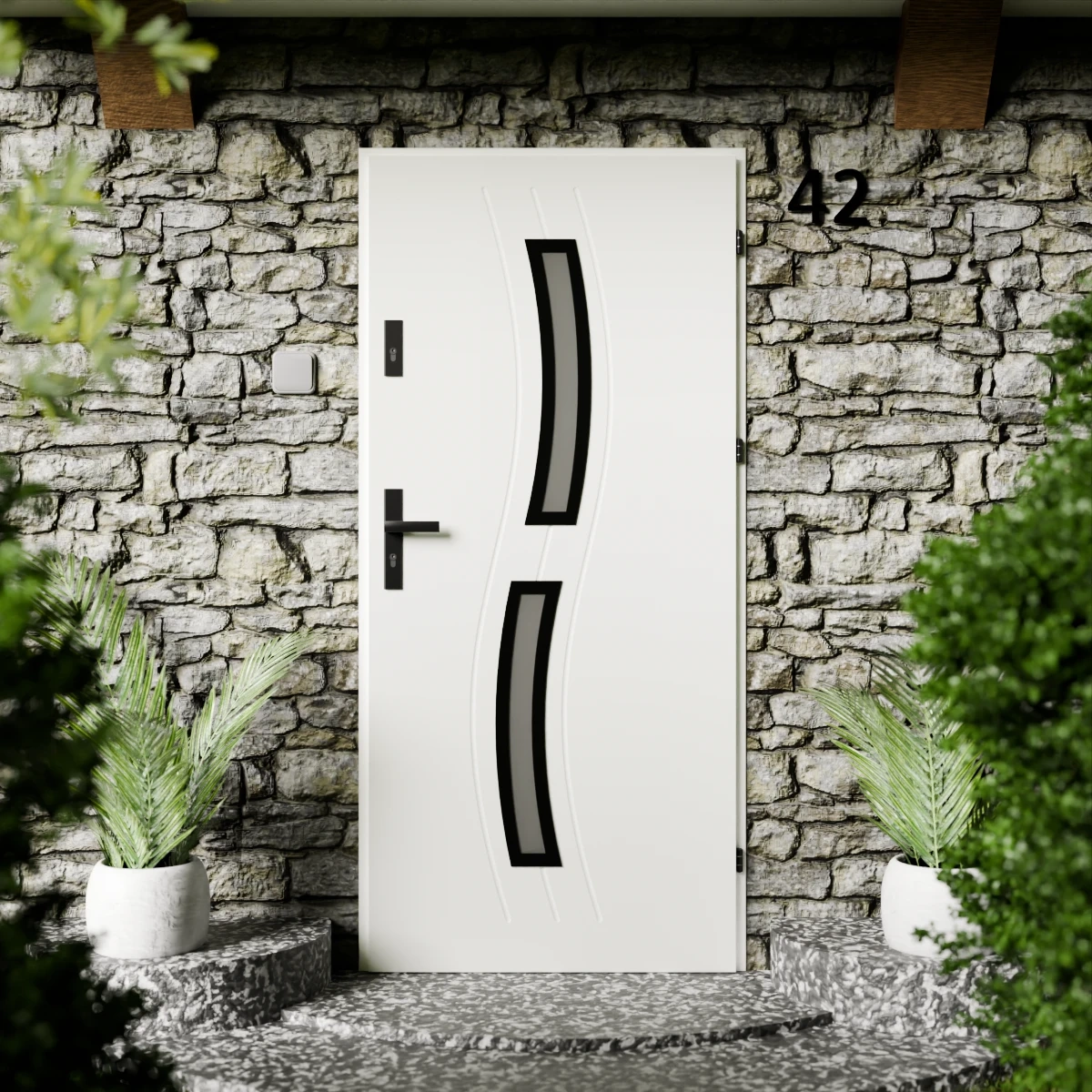 Drzwi zewnętrzne stalowe do domu Twista Black 72mm z klamką czarną energooszczędne Ud=1.3 lustro weneckie szyba mleczna Program Czyste Powietrze