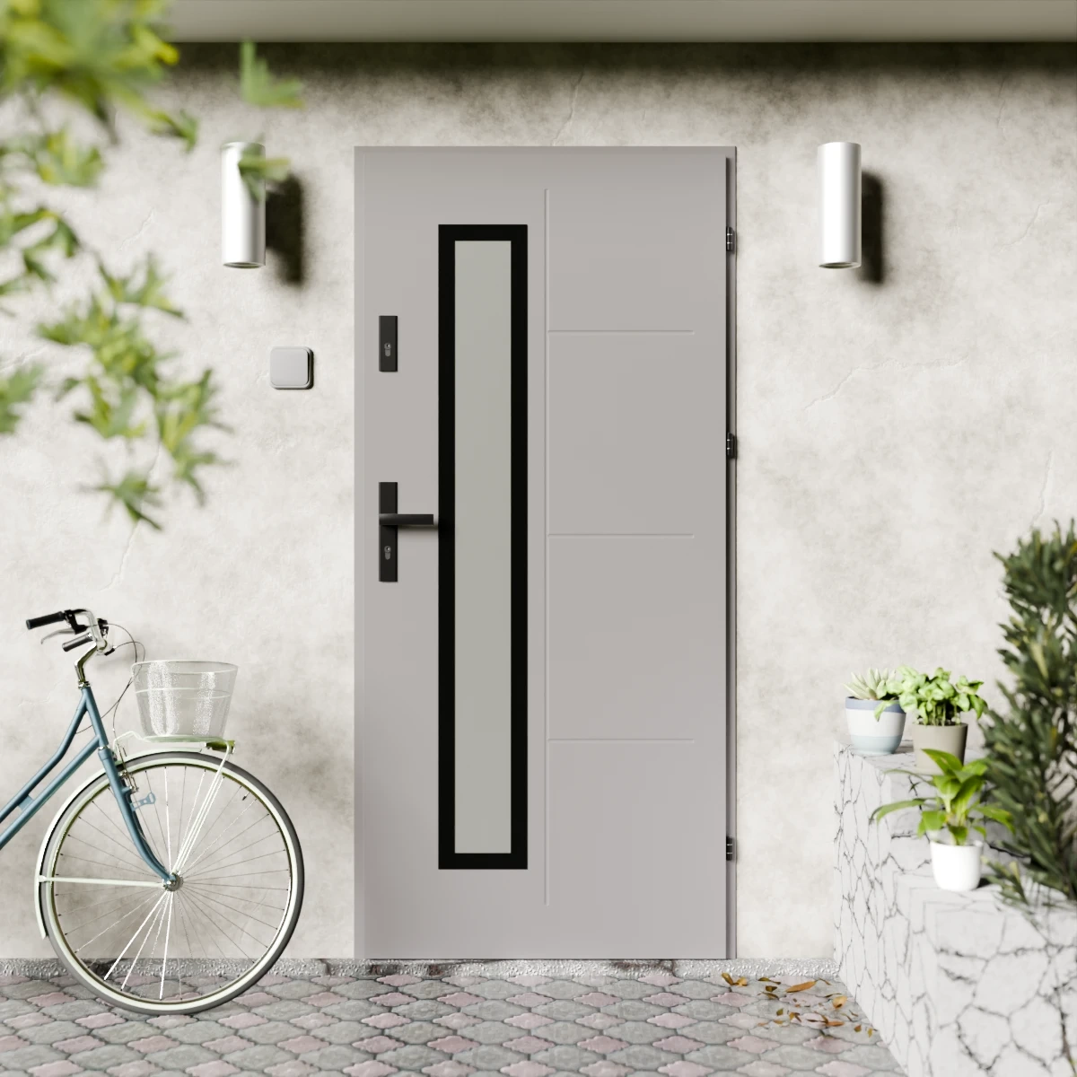 Drzwi zewnętrzne stalowe do domu Tinea Black 72mm z klamką czarną energooszczędne Ud-1=3 lustro weneckie szyba mleczna Program Czyste Powietrze