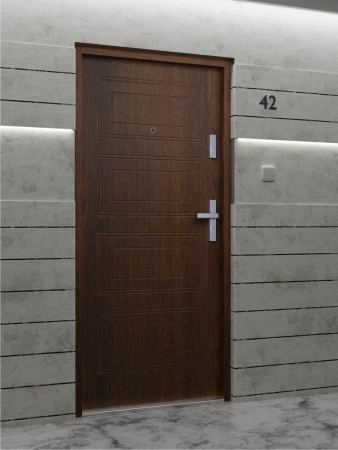 Drzwi wewnątrzklatkowe antywłamaniowe RC3 z Certyfikatem akustyczne wyciszające 47 dB 55 mm stalowe z tłoczeniami z klamką inox srebrną orzech T34