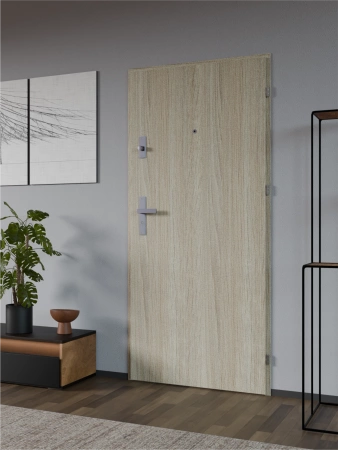 Drzwi wewnątrzklatkowe antywłamaniowe RC3 z Certyfikatem akustyczne wyciszające 47 dB 55 mm stalowe gładkie z klamką inox srebrną dąb sonoma G00
