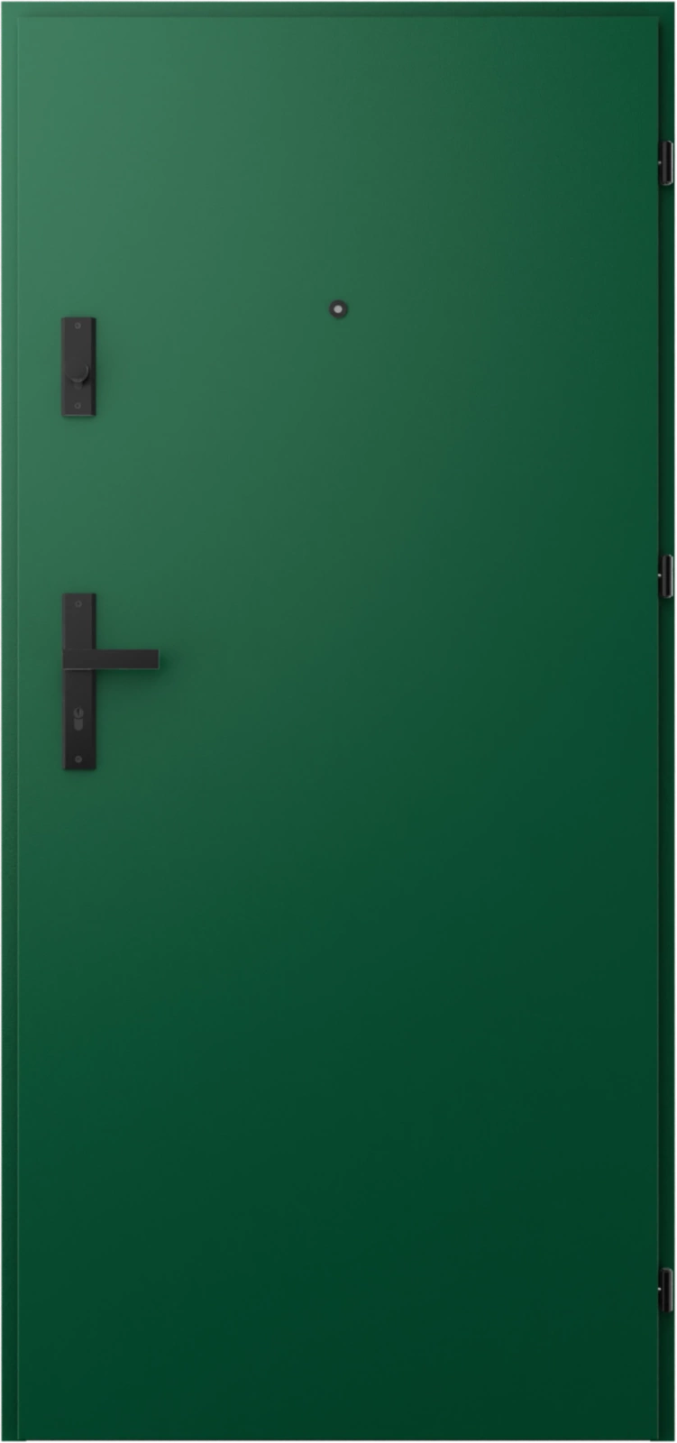 Drzwi wewnątrzklatkowe antywłamaniowe RC3 z Certyfikatem akustyczne wyciszające 47 dB 55 mm stalowe z klamką czarną i aplikacjami zielone A7