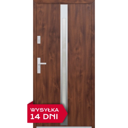 Drzwi zewnętrzne do domu stalowo aluminiowe 68 mm z szybą i klamką inox ATU68 orzech Program Czyste Powietrze M505