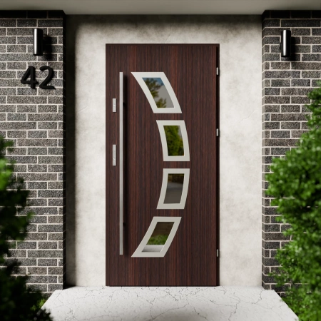 Drzwi zewnętrzne stalowe do domu Cinea Inox 72mm z antabą/pochwytem energooszczędne Ud=1.3 lustro weneckie szyba mleczna Program Czyste Powietrze