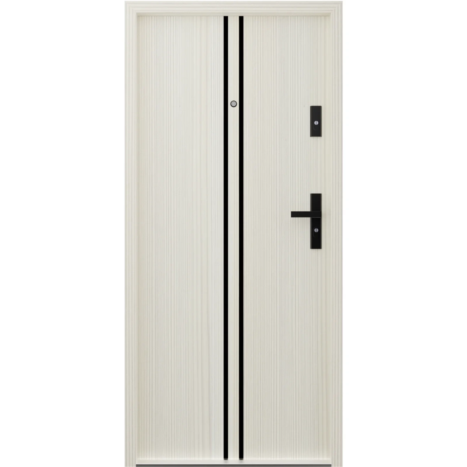 Drzwi wewnątrzklatkowe antywłamaniowe RC3 z Certyfikatem akustyczne wyciszające 47 dB 55 mm stalowe z klamką czarną i aplikacjami dąb bielony A7