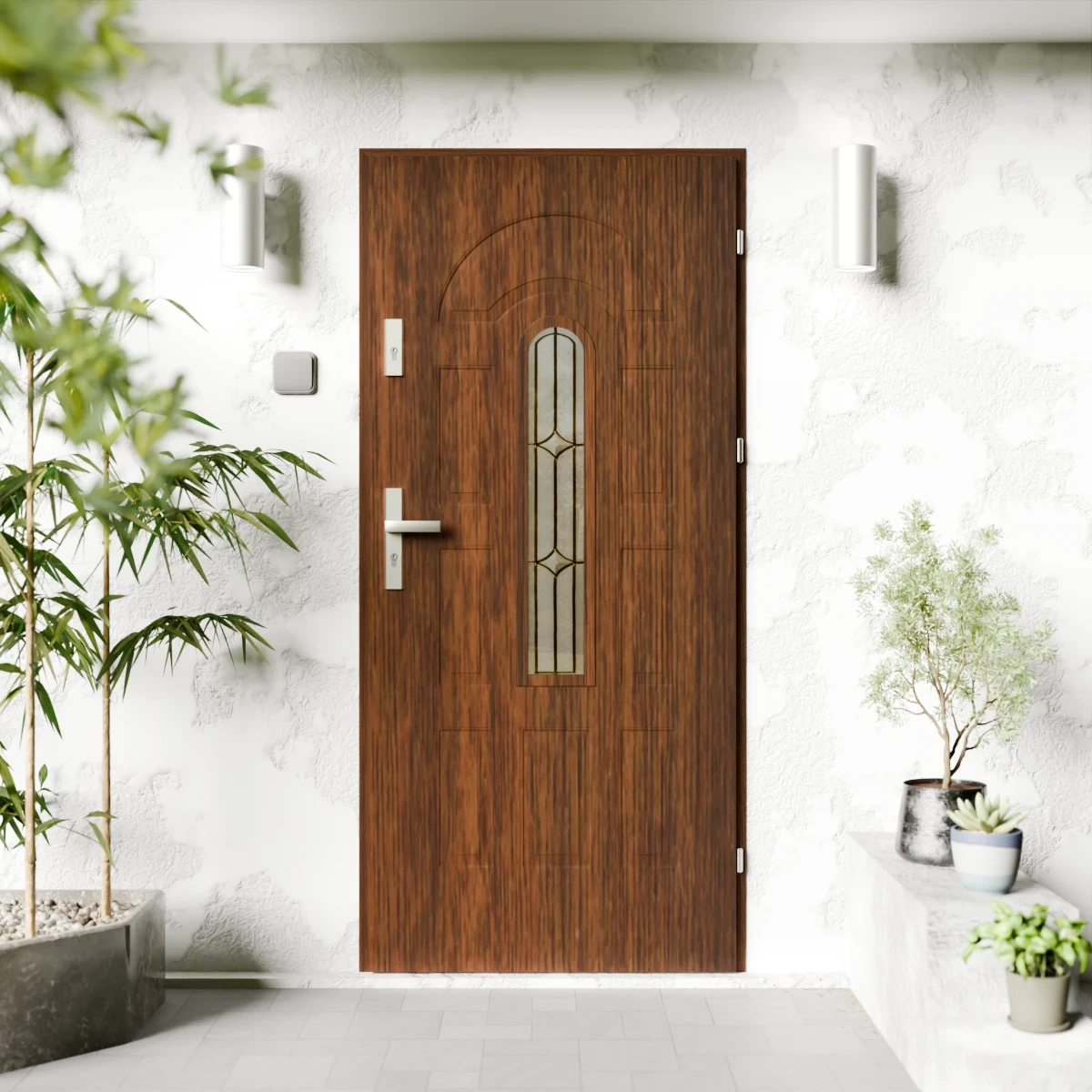 Drzwi zewnętrzne stalowe do domu Retro Inox 72mm z klamką srebrną energooszczędne Ud=1.3 z szybą Program Czyste Powietrze