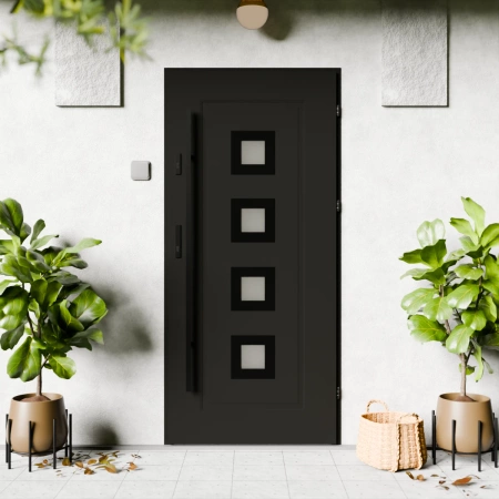 Drzwi zewnętrzne stalowe do domu Quarto Black 72mm z antabą/pochwytem energooszczędne Ud=1.3 reflex brązowy szyba mleczna Program Czyste Powietrze