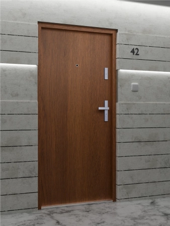 Drzwi wewnątrzklatkowe antywłamaniowe RC3 z Certyfikatem akustyczne wyciszające 47 dB 55 mm stalowe gładkie z klamką inox srebrną złoty dąb G00