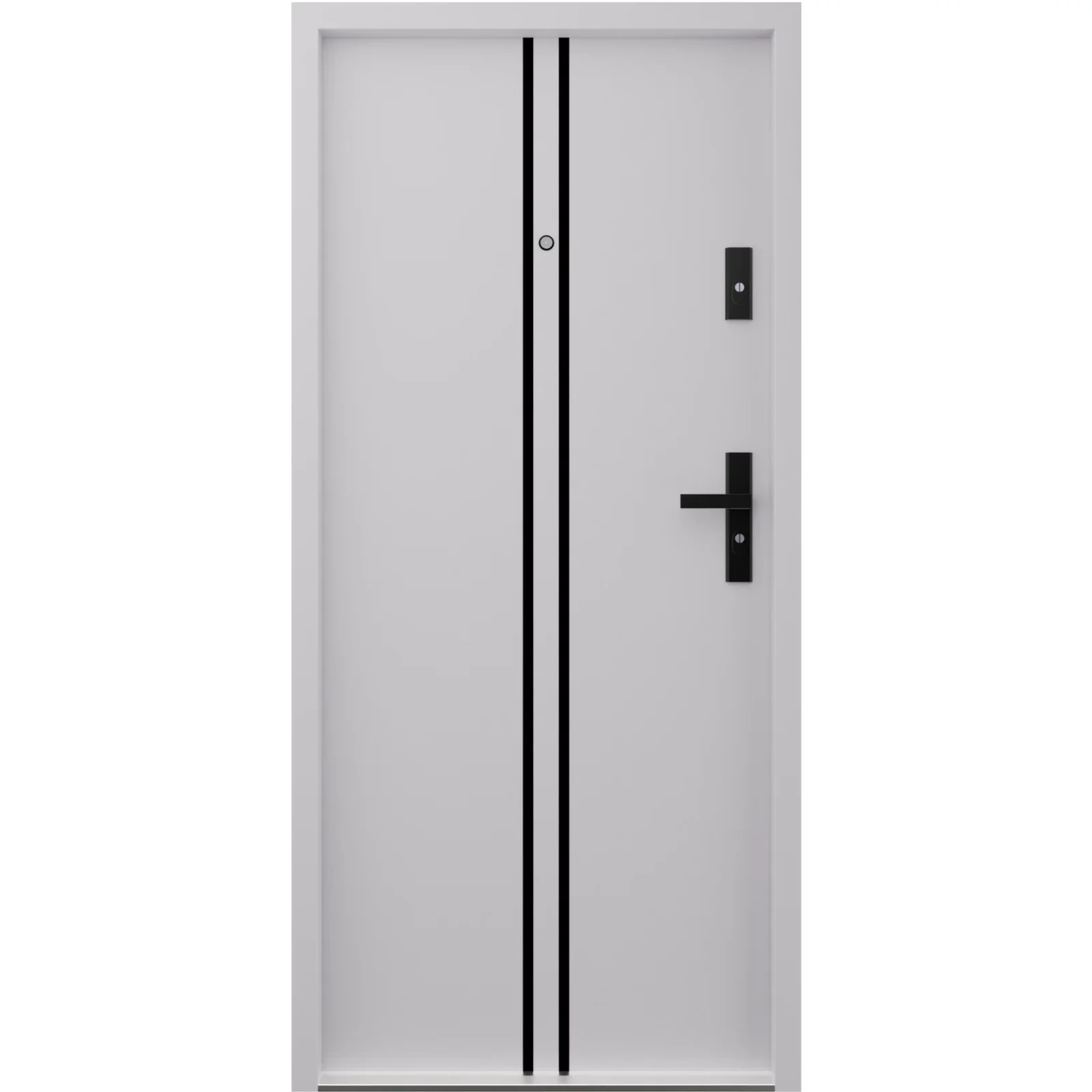 Drzwi klatkowe wejściowe do mieszkania w bloku antywłamaniowe RC3 wygłuszające 47 dB 55 mm stalowe z klamką czarną i aplikacjami szare A7