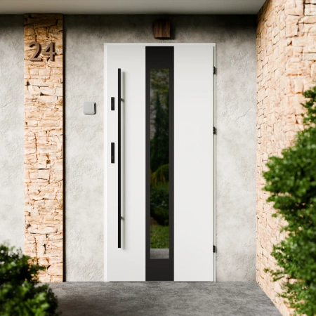Drzwi zewnętrzne stalowe do domu Modern Black 72mm z antabą/pochwytem energooszczędne Ud=1.3 lustro weneckie szyba mleczna Program Czyste Powietrze