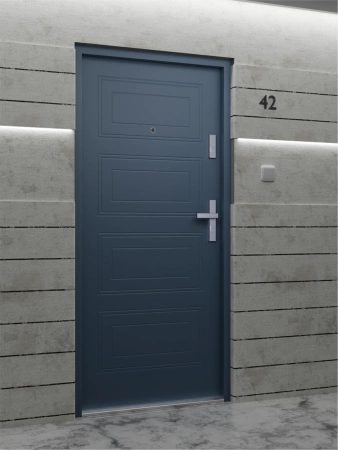 Drzwi wewnątrzklatkowe antywłamaniowe w klasie RC4 55 mm stalowe z klamką i zawiasami srebrnymi inox antracyt db703 T34