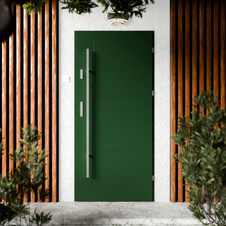 Drzwi zewnętrzne stalowe do domu Basic Inox 72mm z antabą/pochwytem energooszczędne Ud=1.3 bez szyby pełne Program Czyste Powietrze