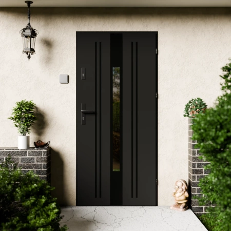 Drzwi zewnętrzne stalowe do domu Elegant Black 72mm z klamką czarną energooszczędne Ud=1.3 lustro weneckie szyba mleczna Program Czyste Powietrze