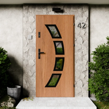 Drzwi zewnętrzne stalowe do domu Cinea Black 72mm z klamką czarną energooszczędne Ud=1.3 lustro weneckie szyba mleczna Program Czyste Powietrze