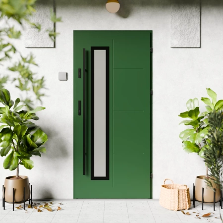 Drzwi zewnętrzne stalowe do domu Tinea Black 72mm z antabą/pochwytem energooszczędne Ud=1.3 lustro weneckie szyba mleczna Program Czyste Powietrze