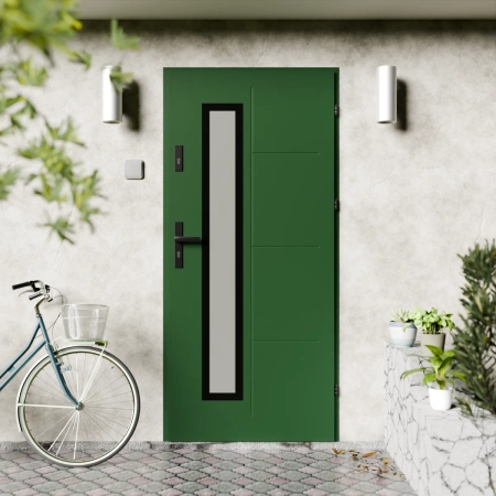Drzwi zewnętrzne stalowe do domu Tinea Black 72mm z klamką czarną energooszczędne Ud-1=3 lustro weneckie szyba mleczna Program Czyste Powietrze