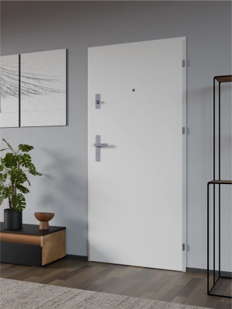 Drzwi wewnątrzklatkowe antywłamaniowe RC3 z Certyfikatem akustyczne wyciszające 47 dB 55 mm stalowe gładkie z klamką inox srebrną białe G00