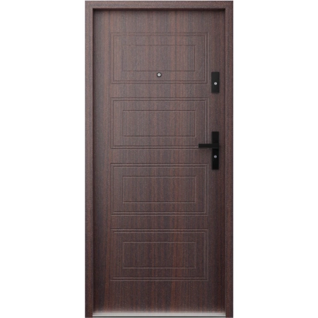 Drzwi wewnątrzklatkowe antywłamaniowe RC3 z Certyfikatem akustyczne wyciszające 47 dB 55 mm stalowe z tłoczeniami z klamką czarną mahoń T34