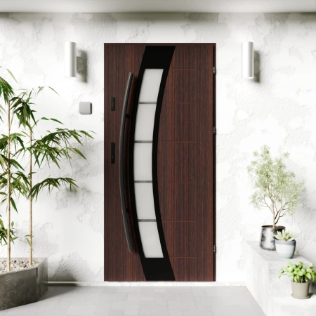 Drzwi zewnętrzne stalowe do domu Efekta Black 72mm z antabą/pochwytem energooszczędne Ud=1.3 lustro weneckie szyba mleczna Program Czyste Powietrze