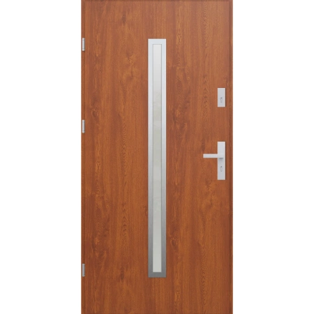 Drzwi zewnętrzne do domu stalowo aluminiowe 68 mm z szybą i okuciami inox ATU68 złoty dąb Program Czyste Powietrze M501