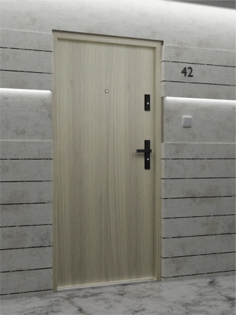 Drzwi wewnątrzklatkowe antywłamaniowe RC3 z Certyfikatem akustyczne wyciszające 47 dB 55 mm stalowe gładkie z klamką czarną dąb sheffield G00