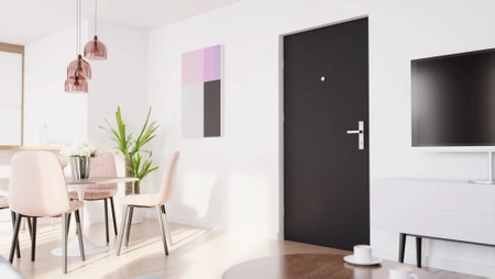 Drzwi klatkowe wejściowe do mieszkania w bloku antywłamaniowe RC3 68 mm stalowe akustyczne i wygłuszające 44 dB czarna klamka antracyt db703 M02