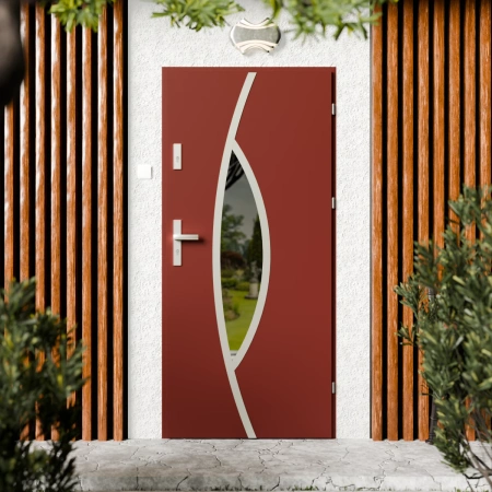 Drzwi zewnętrzne stalowe do domu Maestro Inox 72mm z klamką srebrną energooszczędne Ud=1.3 lustro weneckie szyba mleczna Program Czyste Powietrze