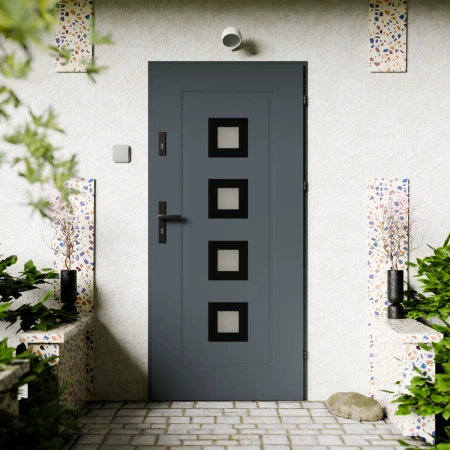 Drzwi zewnętrzne stalowe do domu Quarto Black 72mm z klamką czarną energooszczędne Ud=1.3 reflex szary szyba mleczna Program Czyste Powietrze