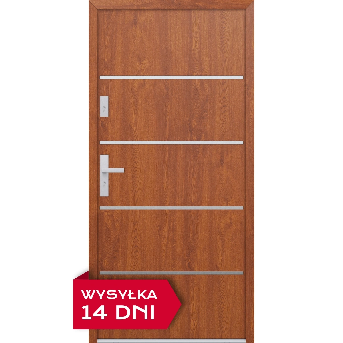 Drzwi zewnętrzne do domu stalowo aluminiowe 68 mm z okuciami inox ATU68 złoty dąb Program Czyste Powietrze M502