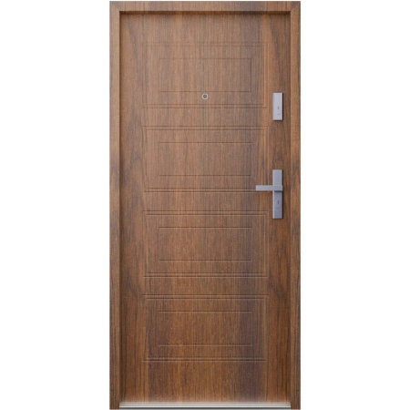 Drzwi wewnątrzklatkowe antywłamaniowe RC3 z Certyfikatem akustyczne wyciszające 47 dB 55 mm stalowe z tłoczeniami z klamką inox srebrną orzech T34