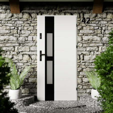 Drzwi zewnętrzne stalowe do domu Anda Black 72mm z klamką czarną energooszczędne Ud=1.3 lustro weneckie szyba mleczna Program Czyste Powietrze