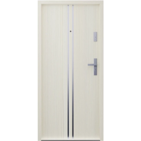 Drzwi klatkowe wejściowe do mieszkania w bloku antywłamaniowe RC3 wygłuszające 47 dB 55 mm stalowe z klamką inox srebrną i aplikacjami dąb bielony A7