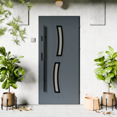 Drzwi zewnętrzne stalowe do domu Twista Black 72mm z antabą/pochwytem energooszczędne Ud=1.3 lustro weneckie szyba mleczna Program Czyste Powietrze