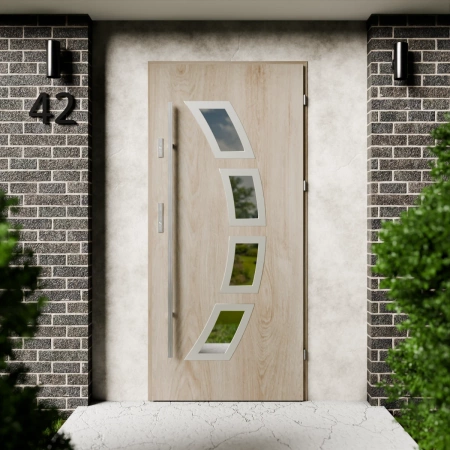 Cinea Inox CK drzwi zewnętrzne 72 mm z antabą/pochwytem energooszczędne Ud-1.3 przeszklone lustro weneckie szyba mleczna Program Czyste Powietrze