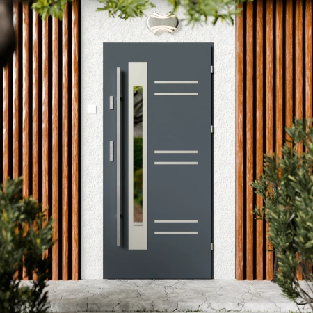 Drzwi zewnętrzne stalowe do domu Pina Inox 72mm z antabą/pochwytem energooszczędne Ud=1.3 lustro weneckie szyba mleczna Program Czyste Powietrze