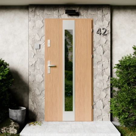 Drzwi zewnętrzne stalowe do domu Modern Inox 72mm z klamką energooszczędne Ud=1.3 przeszklone lustro weneckie szyba mleczna Program Czyste Powietrze