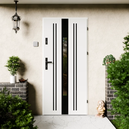 Drzwi zewnętrzne stalowe do domu Elegant Black 72mm z klamką czarną energooszczędne Ud=1.3 lustro weneckie szyba mleczna Program Czyste Powietrze